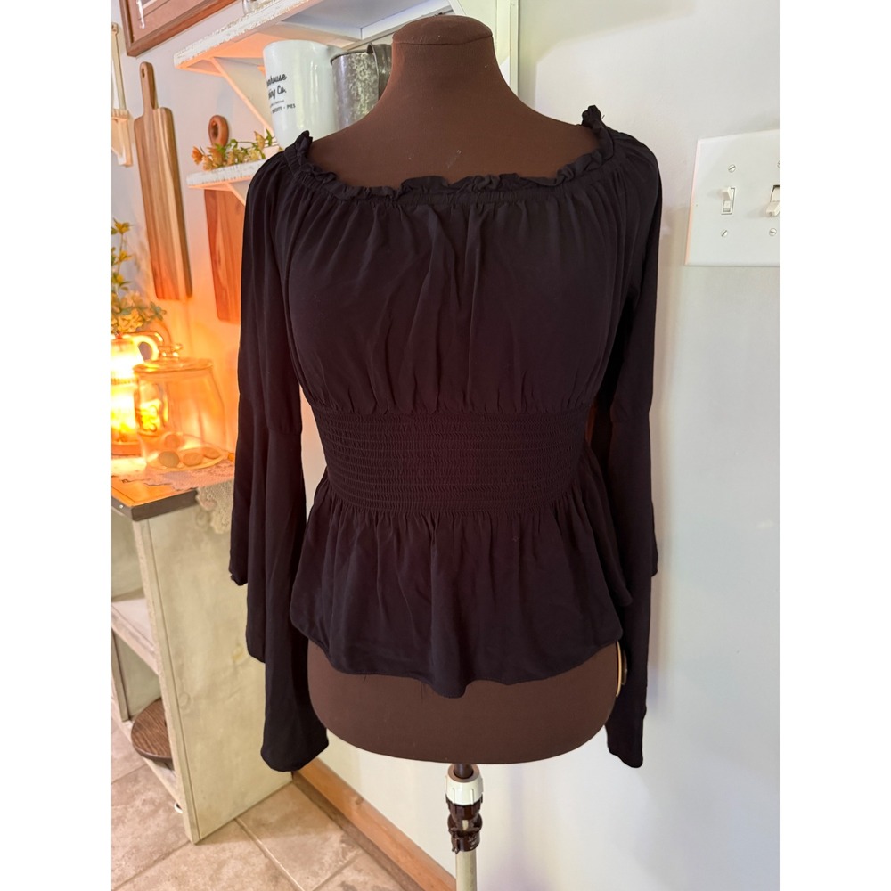Belle Poque Peplum Top Small Black smocked Bell Sleeve Off Shouler whimsigoth